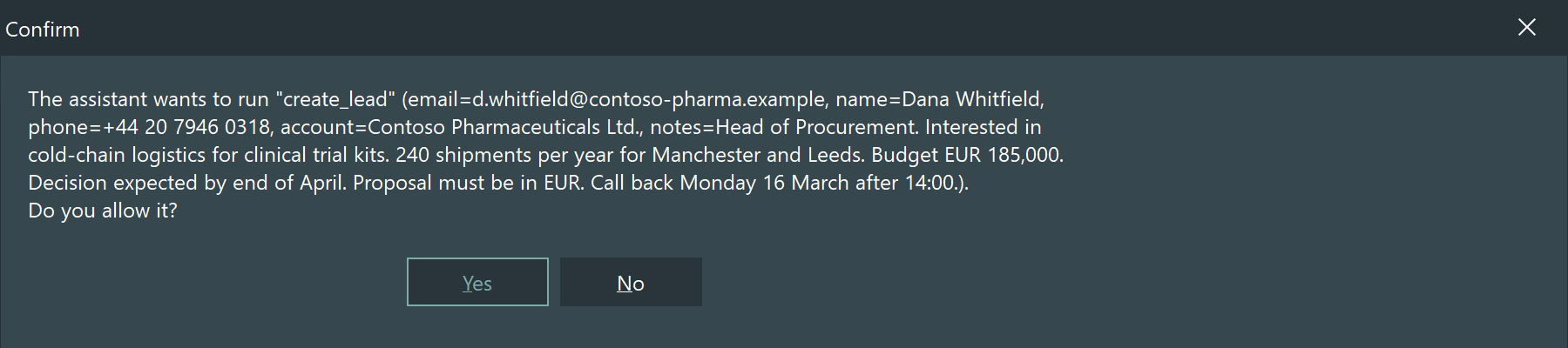 The confirmation, with every field the model took from the document