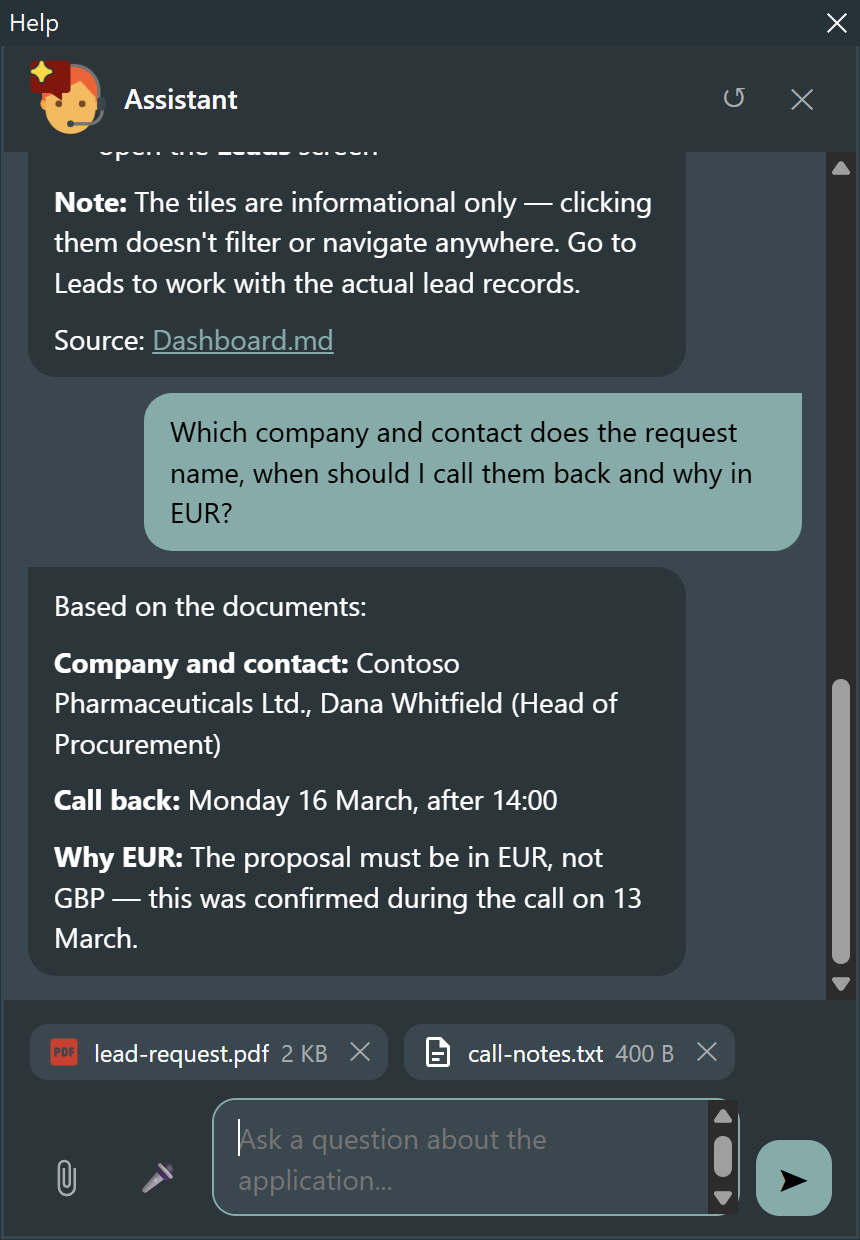 The assistant answering from the PDF and from the call notes together