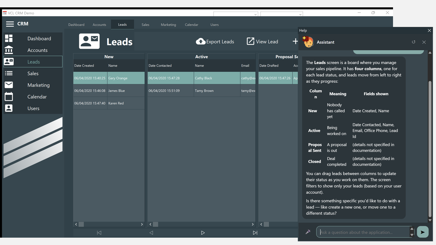 The sample application with the assistant open